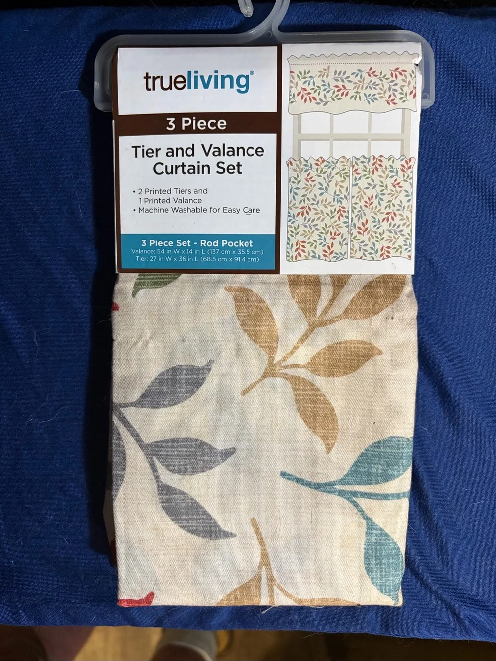 trueliving 3-Piece Tier and Valance Curtain Set in Neutral Multi-Leaf